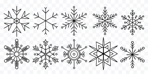 Various Unique Snowflake Designs Hand Drawn Set for Winter Holiday Season and Christmas Decorations in Vector Format