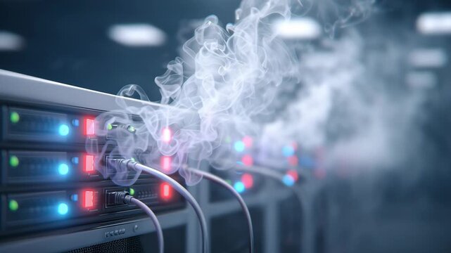 A data center or data storage facility consuming high levels of energy, generating excessive heat, representing the impact on energy crises and environmental issues.