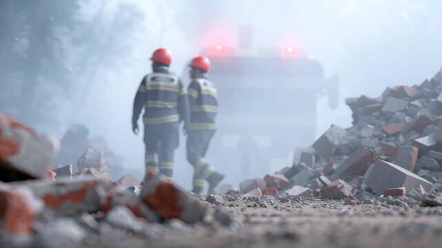 Emergency aid in response to natural disasters, such as floods and earthquakes, showing destroyed buildings, rubble, and urgent humanitarian assistance.