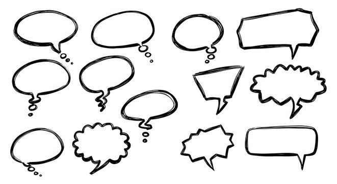 Hand-drawn collection of doodle speech bubbles and thought balloons. Sketchy comic style chat boxes for dialogue, communication, and messages.