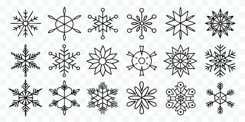 Elegant Snowflake Collection Various Winter Holiday Designs Hand Drawn Christmas and New Year Decorations Black Outline Isolated on Transparent Background