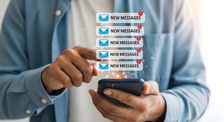 Man receiving new messages on smartphone, email marketing, mobile notification, inbox overload, spam alert