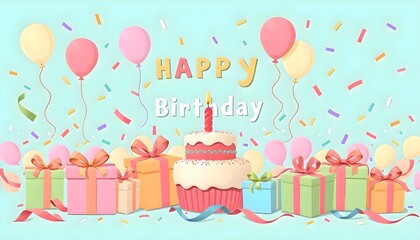Illustration of birthday cake with colorful candles surrounded by wrapped presents and floating balloons in a festive indoor setting