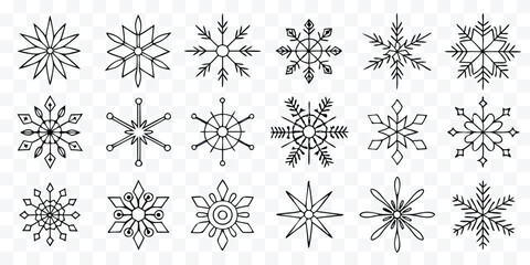 Collection of various snowflake shapes representing winter season holidays and decorative frozen crystal ornaments in minimal style for greeting cards