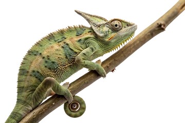  Studio macro shot of a horned chameleon clinging to an invisible perch, skin texture and ridged horns highlighted in fine detail, coiled tail and gripping feet visible, softly lit with no shadows.