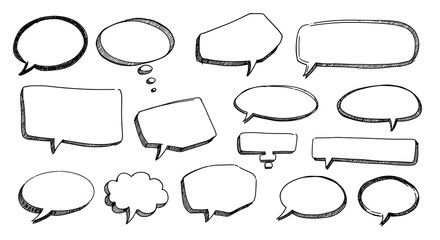 A collection of hand-drawn speech bubbles and thought balloons. Sketchy doodle style comic book dialogue boxes for communication concepts.