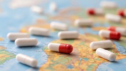 Pills scattered across a map — global access and distribution of medicine