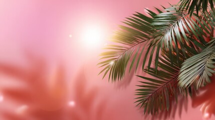 Tropical palm leaves casting shadows on pink background in sunlight