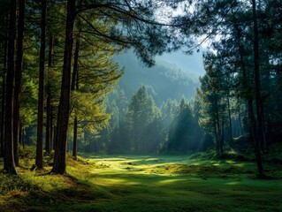 Obraz premium Sunlight Filtering Through Morning Mist in Forest Valley, Natural Landscape, for Ecology Promotion, Travel Posters, Meditation Backgrounds, Nature Aesthetics Design Scenarios