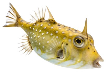  Macro image of a longhorn cowfish in side view, horn tips, spiked body, and glossy eyes perfectly in focus, skin tone and spots highlighted with diffuse studio light, isolated on a transparent white.