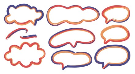 Colorful hand-drawn speech bubbles and thought clouds set. Doodle-style frames for dialogue and communication concepts.