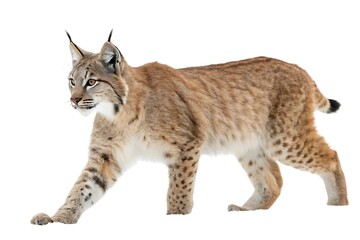  Full-body macro image of a young lynx walking with focused gaze, pointed ears and thick fur sharply defined, muscular body lit evenly, no environmental distractions, fully isolated on pure white .