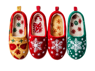 Four festive christmas slippers with snowflake and floral patterns isolated on transparent background