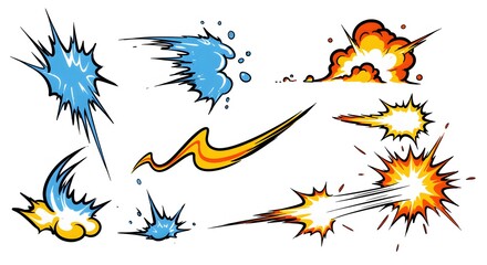 Collection of comic book action and sound effect graphics. A concept set of retro pop art explosions, bursts, and flashes.