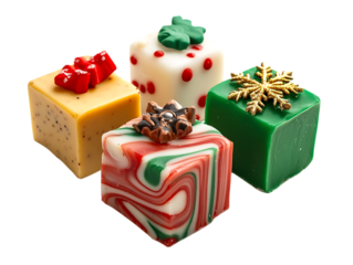 Four festive christmas petit fours decorated with holiday motifs isolated on transparent background