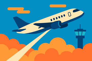 A sleek passenger airplane takes off into a clear blue sky, ascending above stylized clouds, with an air traffic control tower, symbolizing modern flight.
