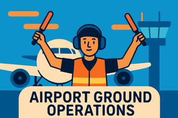 Ground operations worker in vest and headphones directs airplane on tarmac with marshalling wands, symbolizing crucial airport tasks.
