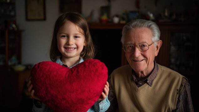 A young girl smiles while holding a large red heart-shaped pillow alongside her smiling grandfather in a warm, indoor setting.