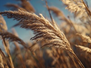 Close - up of Autumn Reeds in Backlight, Golden Spikes Against Blue Sky, for Natural Landscape Design, Seasonal Atmosphere Creation, Ecology Promotion, Literary Illustration Scenarios