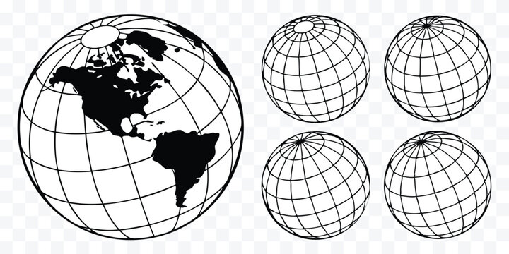 World globe with continents and meridian lines illustration set for geography education or international business themes isolated on white