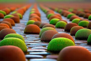 Colorful spheres line a pathway