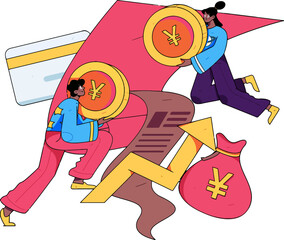 Dynamic financial growth illustration featuring people managing Yuan currency, representing global investments and prosperous economies with modern design for business and finance
