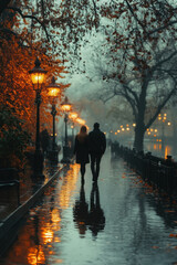 Man walking in rain on street.