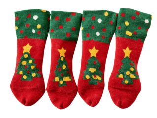 Four festive red christmas stockings with green cuffs and christmas tree designs isolated on transparent background