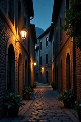 Obraz premium Serene Evening Ambiance on a Cobblestone Street with Warmly Lit Buildings and Lush Greenery