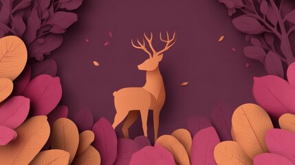 A majestic stag stands within a stylized forest, surrounded by layered leaves