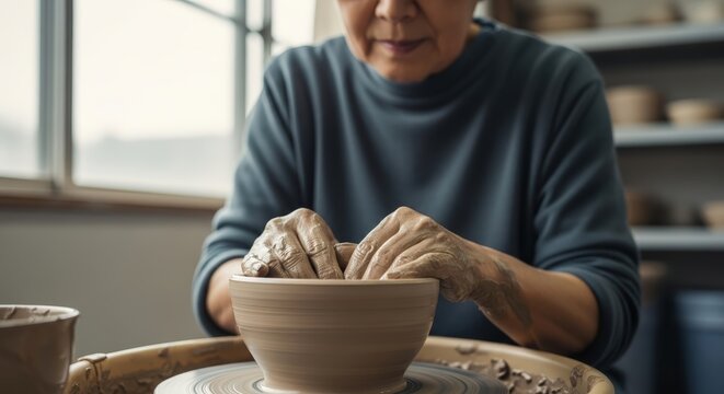 Focused Potter Shaping Clay Bowl on Wheel in Studio Light