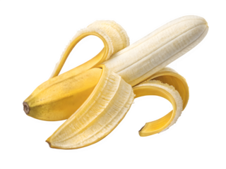 A ripe yellow banana partially peeled against a dark background