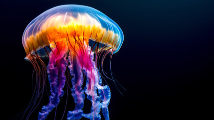 Beautiful illuminated jellyfish swim deep on black background. Medusa neon jellyfish fantasy in space underwater purple and orange color Sea life concept
