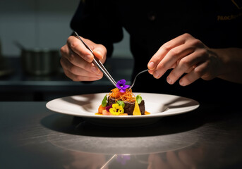 Professional chef meticulously plating a gourmet dish with edible flowers using tweezers in a restaurant kitchen