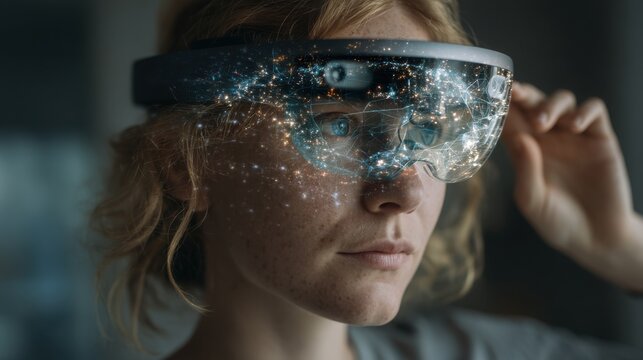 Young woman using virtual reality headset with digital network hologram overlay in a modern tech environment