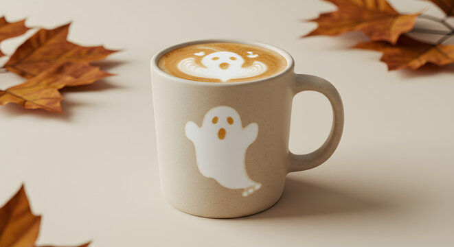 Autumnal ghost coffee art: A seasonally spooky latte with falling leaves ambiance