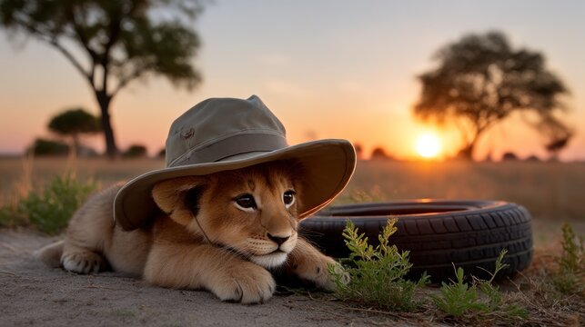 Lion cub in a hat at sunset - Powered by Adobe