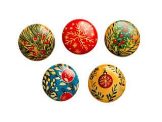 Five intricately decorated easter eggs with traditional folk art patterns isolated on transparent background