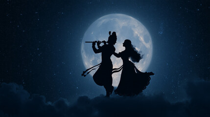 Silhouette of Radha Krishna dancing on moonlit night, stars above, flute in hand