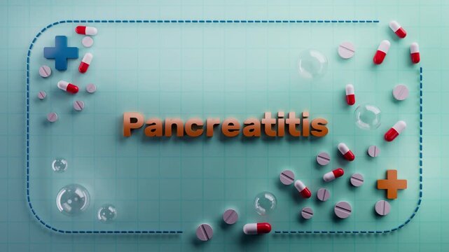 Animated text "Pancreatitis" on a 3D medical background. Ideal for biology education, cellular energy visuals, metabolic health, or scientific medical projects.

