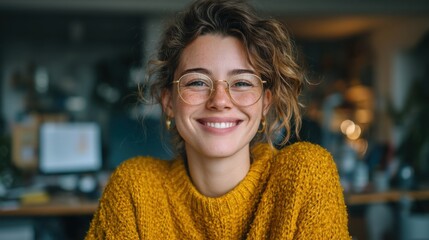 Young woman with curly hair and glasses smiling warmly in a cozy indoor setting wearing a mustard yellow sweater