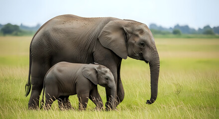 Gentle mother elephant guides her playful calf through sun-drenched savanna grasslands, showcasing natural beauty and powerful family bonds.