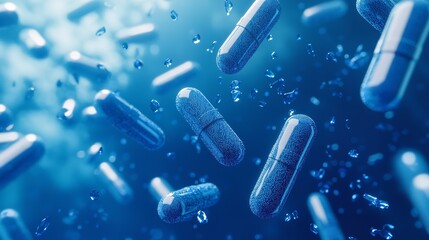Close up shot of blue capsules floating with water droplets in a blue gradient background scene