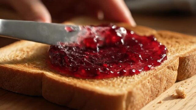 Close-Up of Butter Knife Spreading Jam on Toast
