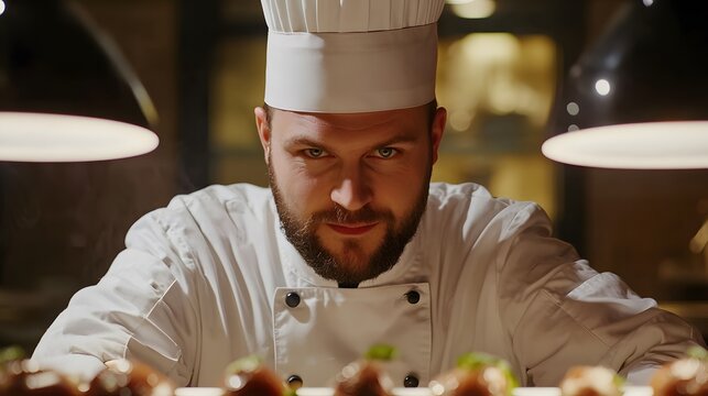 Smiling male chef posing at her restaurant