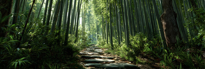 Tranquil Journey Through a Serene Bamboo Forest Pathway: A Gateway to Nature's Refreshing Green Escape and Meditative Adventure