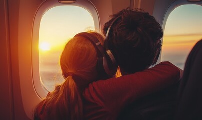 Airplane sunset views. AI.