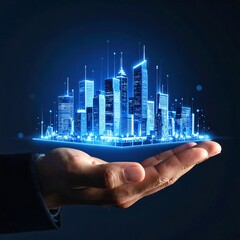 A hand holds a futuristic, glowing city model