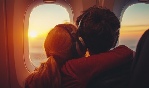 Airplane sunset views. AI.