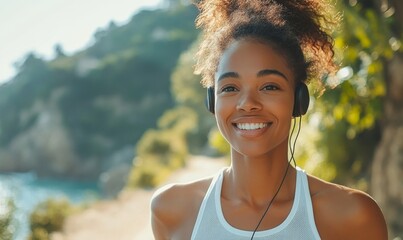 Close-up candid happy senior black female running and jogging in nature while listening to music, promoting fitness and mental wellness, Generative AI
